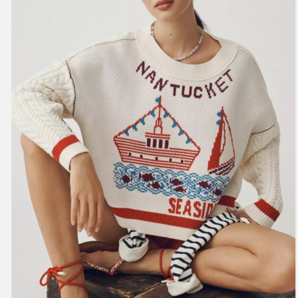 Anthropologie Maeve Graphic Cable-Knit Sweater Nantucket Sailboats Boats XS NWT